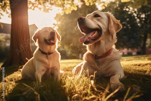 Generative AI : two happy dogs with owner sitting on grass in the park, looking up