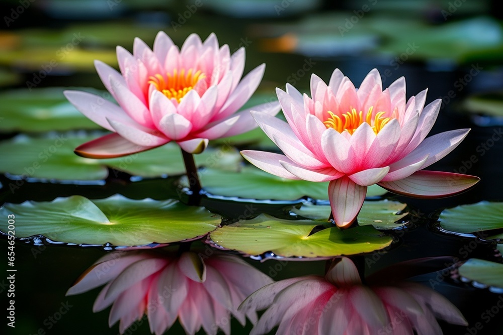 Generative AI : Two beautiful lotus reflection on the pond Generative AI : Two beautiful lotus reflection on the pond