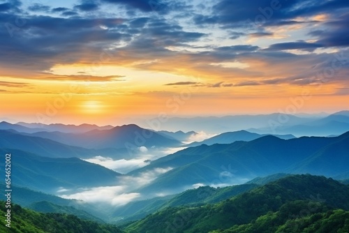 Generative AI : beautiful mountain layer with clouds and sunrise at Chiang Mai in Thailand