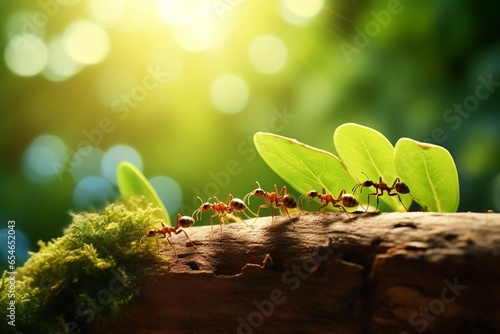 Generative AI : Ants carry the leaves back to build their nests, carrying leaves, close-up. sunlight background. Concept team work together. © The Little Hut