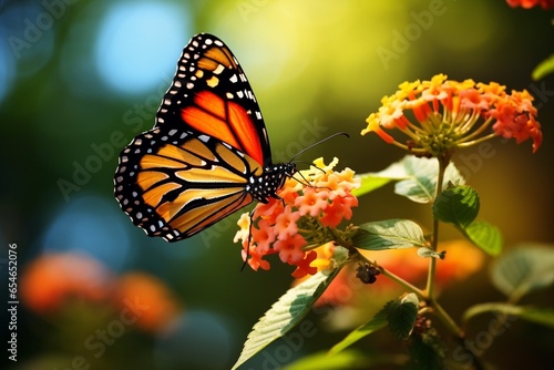 Generative AI : Beautiful image in nature of monarch butterfly on lantana flower.