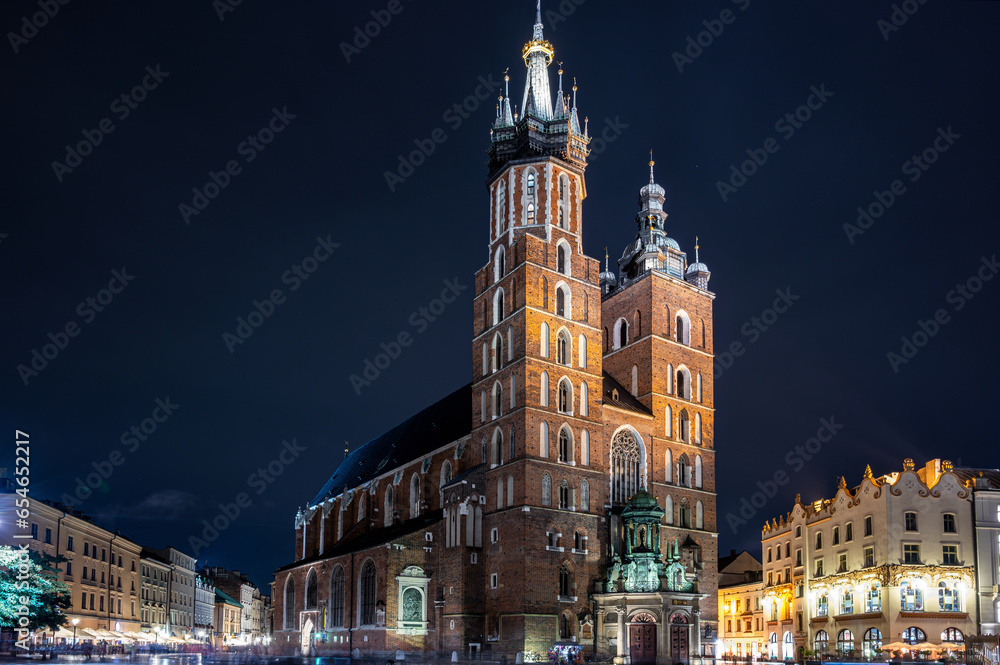 St. Mary's Basilica at night in Krakow, Poland