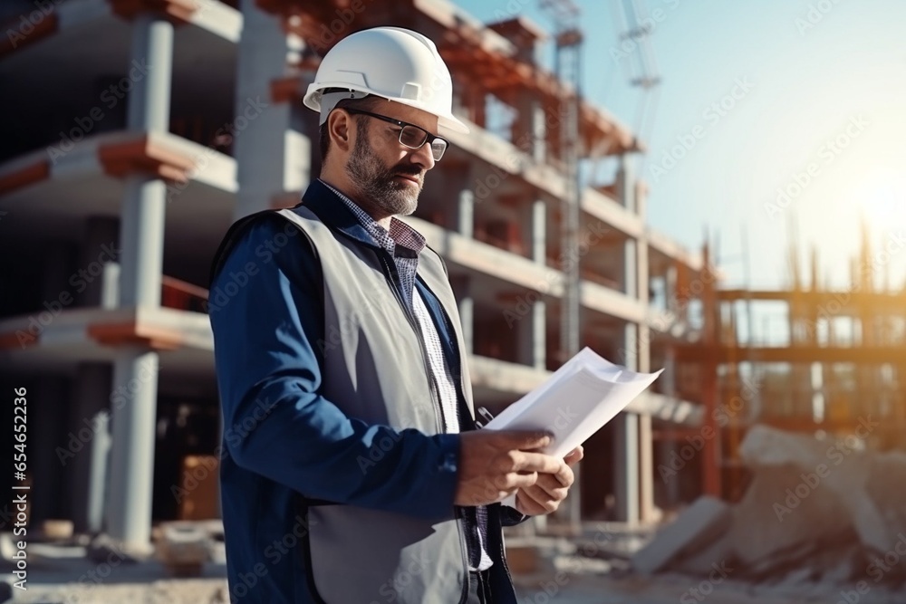 Generative AI : Smart civil architect engineer inspecting and working outdoors building side with blueprints. engineering and architecture concept. Generative AI : Smart civil architect engineer inspecting and working outdoors building side with blueprints. engineering and architecture concept.