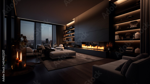 dark modern stylish male apartment interior with lighting  fireplace and huge window. ai generative