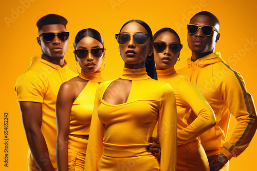Group of beautiful young black females and males in yellow sporty clothes on a bright yellow background