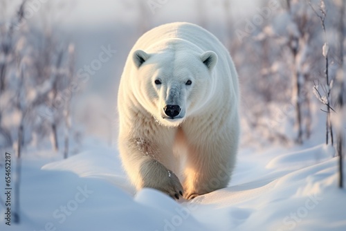 Generative AI : Polar bear (Ursus maritimus). Portrait of a polar bear walking on a snowy hillside. Animals of the Arctic. Wildlife of the polar region. Beautiful white bear close up. Large predatory 