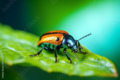 Wallpaper Mural Generative AI : Close up a Shining Flea Beetle, Asphaera lustrans on green leaf and natrue blurred background, Orange-blue Narrow-necked Leaf Beetle, selective focus, macro insect Thailand. Torontodigital.ca
