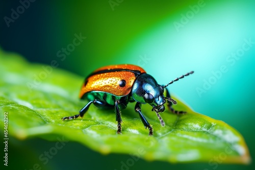 Generative AI : Close up a Shining Flea Beetle, Asphaera lustrans on green leaf and natrue blurred background, Orange-blue Narrow-necked Leaf Beetle, selective focus, macro insect Thailand.