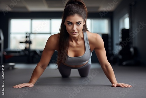 Generative AI : Young woman doing plank position with dumbbells