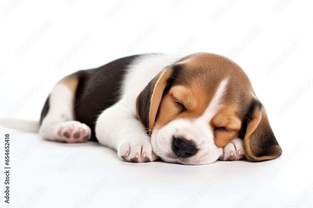 Generative AI : Beagle Puppy, 1 month old, sleeping in front of white background. muzzle puppy close-up Generative AI : Beagle Puppy, 1 month old, sleeping in front of white background. muzzle puppy close-up