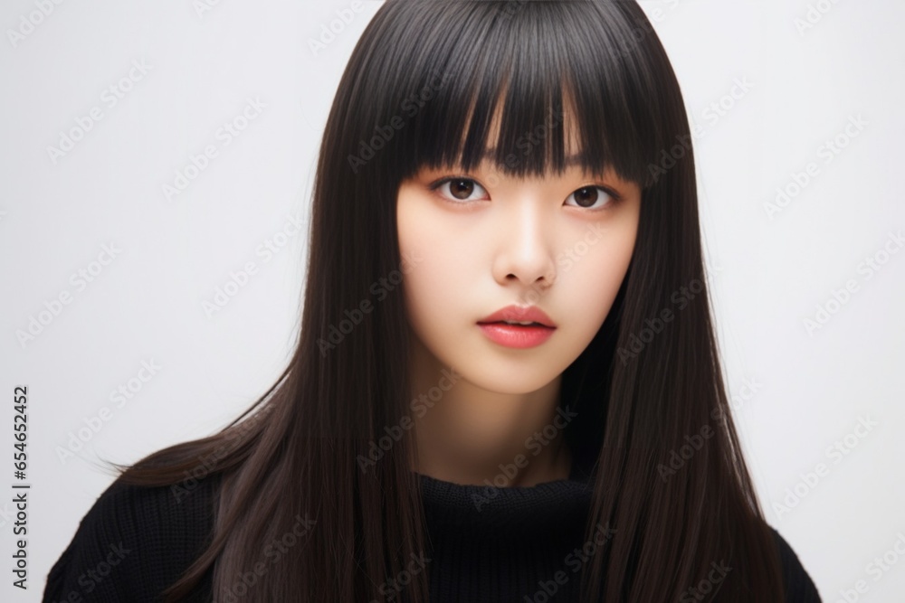 Generative AI : Close up portrait of beautiful asian girl with bangs long straight hair looking at camera isolated on white background. copy space. Generative AI : Close up portrait of beautiful asian girl with bangs long straight hair looking at camera isolated on white background. copy space.
