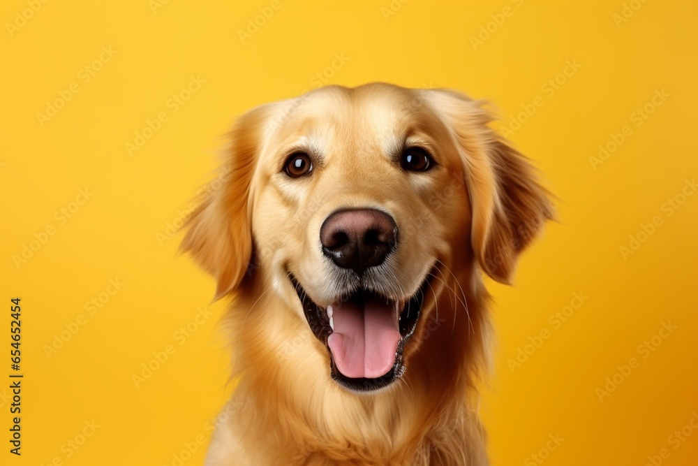 Generative AI : Happy smiling golden retriever dog blinking eye yellow background studio shot