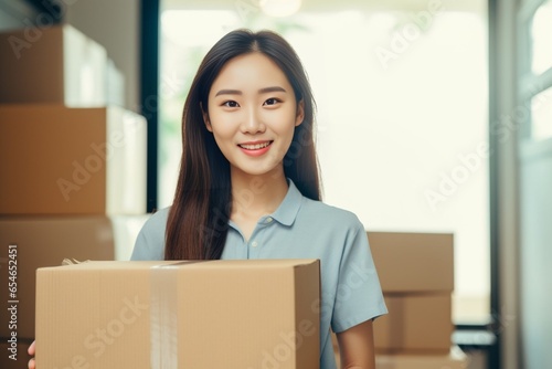 Generative AI : New house, moving and asian woman carrying boxes while feeling proud and excited about buying a house with a mortgage loan. Young asian woman first time buyers unpacking in dream home,