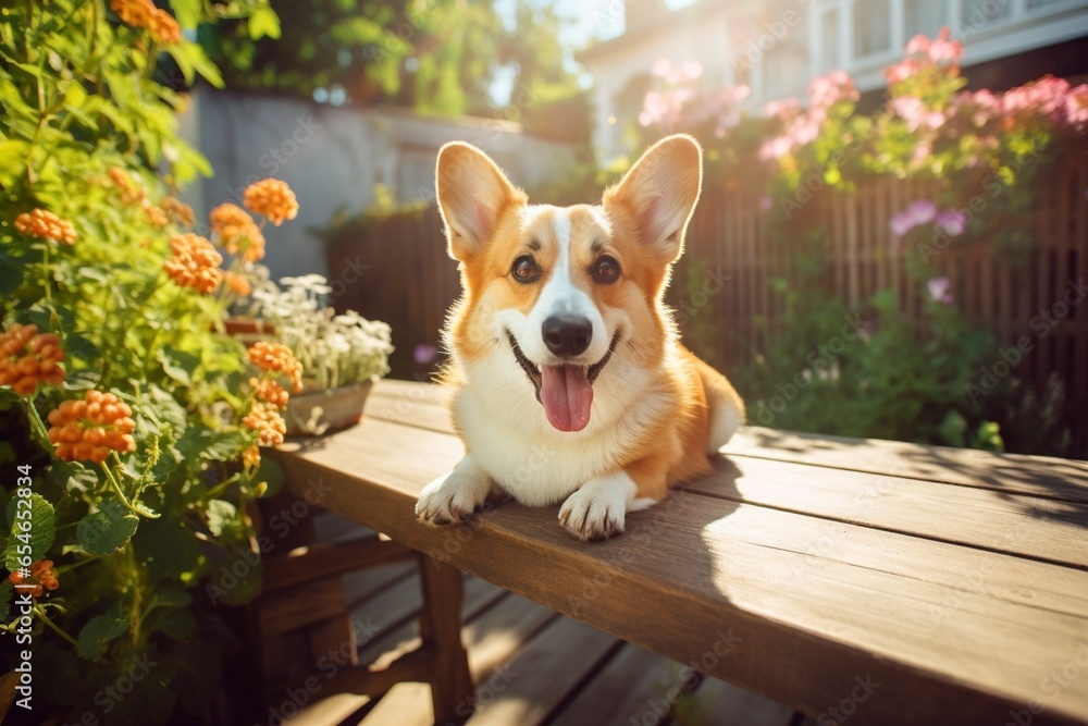 Generative AI : Corgi dog sitting on the table outdoor in summer sunny day Generative AI : Corgi dog sitting on the table outdoor in summer sunny day