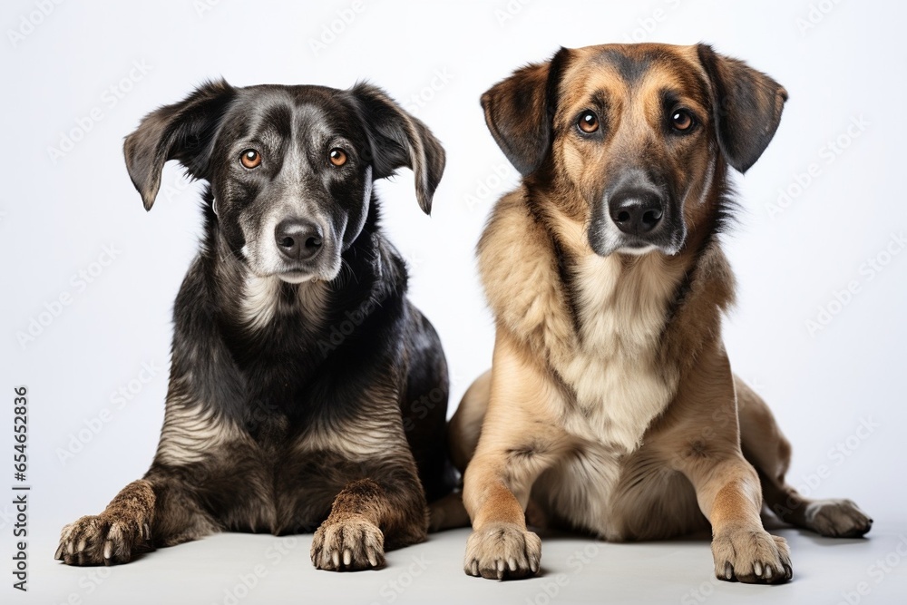 Generative AI : Two dogs sitting side by side on white background and looking to the camera Generative AI : Two dogs sitting side by side on white background and looking to the camera