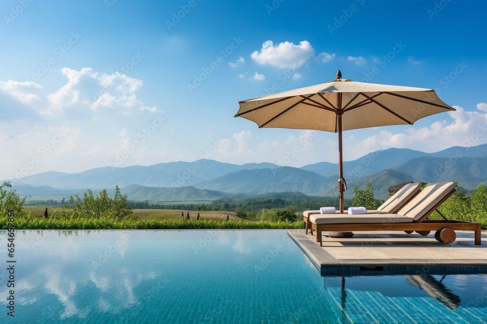 Generative AI : bed pool with umbrella around swimming pool with mountain and blue sky background - obrazy, fototapety, plakaty 