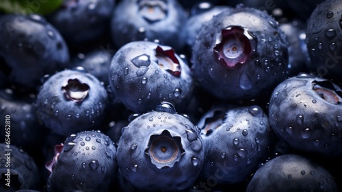 Generative AI : Fruits and vegetables: group of fresh wet blueberries, close-up shot photo