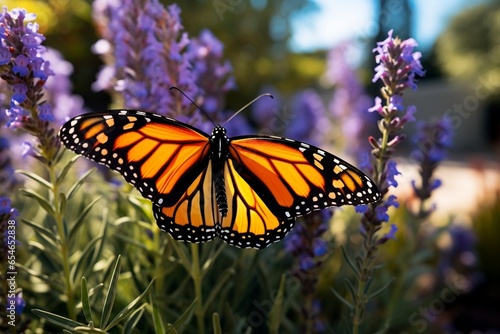 Generative AI : Monarch Butterfly on the Lavender in Garden.