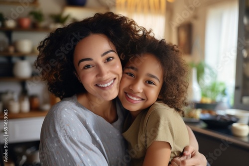 Generative AI : Close-up portrait of happy biracial mother and daughter hugging in kitchen at home, copy space photo