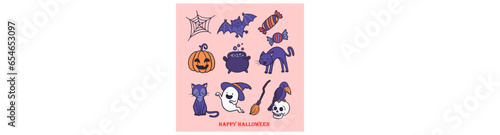 Happy Halloween set of elements, ghost, pumpkin, bat and cat. Vector