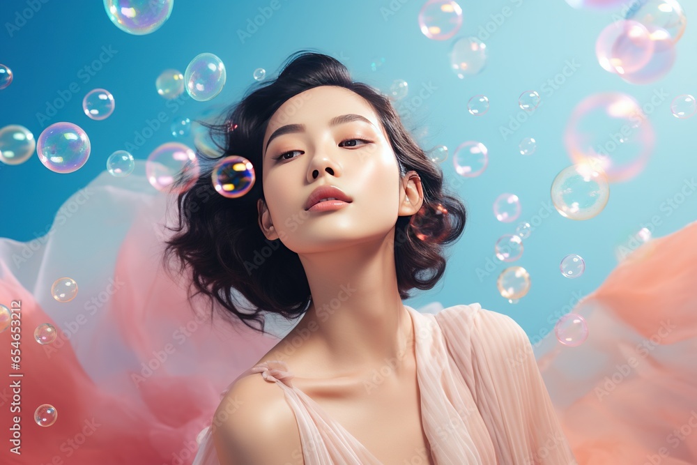 Beautiful young woman with soap bubbles on a blue background. Beautiful young woman with soap bubbles on a blue background.