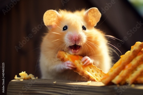 Generative AI : A hamster close-up eats cheese near its wooden house. photo