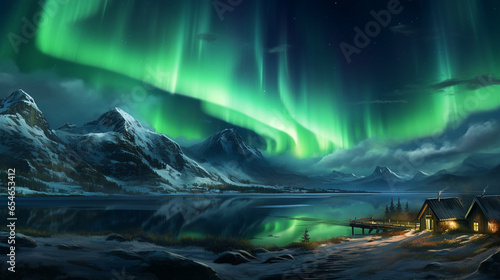 Northern lights and snow covered mountains. Starry sky with polar lights and snowy rocks reflected in water. © Katrin_Primak