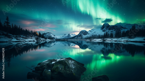 Starry sky with polar lights and snowy rocks reflected in water. Night winter landscape with aurora, sea