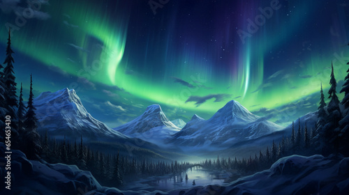 Northern lights and snow covered mountains. Starry sky with polar lights and snowy rocks reflected in water. photo