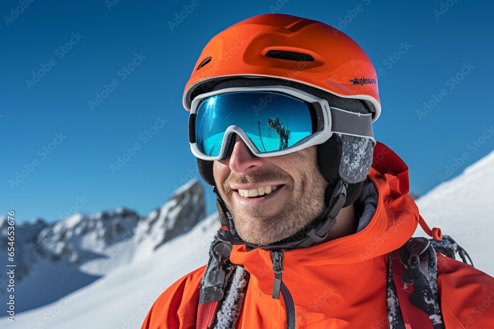 Portrait of smiling man climber in safe ski helmet and goggles on snow mountain at sunny day Portrait of smiling man climber in safe ski helmet and goggles on snow mountain at sunny day
