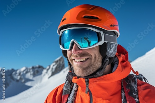Portrait of smiling man climber in safe ski helmet and goggles on snow mountain at sunny day © boxstock production