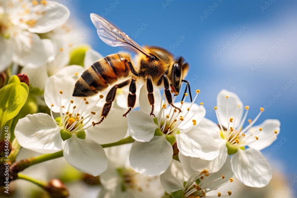 Generative AI : Close up view of flying honeybee over the white flower of sweet cherry tree. Honeybee collecting pollen and nectar to make sweet honey. Small green leaves and white flowers of sweet ch Generative AI : Close up view of flying honeybee over the white flower of sweet cherry tree. Honeybee collecting pollen and nectar to make sweet honey. Small green leaves and white flowers of sweet ch