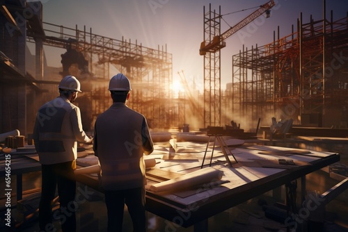 Generative AI : Three experts inspect commercial building construction sites, industrial buildings real estate projects with civil engineers, investors use laptops in background home, concrete formwor