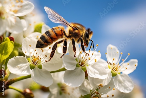 Generative AI : Close up view of flying honeybee over the white flower of sweet cherry tree. Honeybee collecting pollen and nectar to make sweet honey. Small green leaves and white flowers of sweet ch © The Little Hut