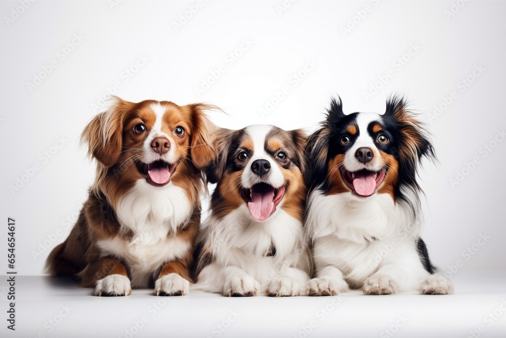 Generative AI : Close-up four cute dogs different breeds posing isolated over white studio background. Concept of motion, action, pets love, animal life. Look happy, delighted. Copyspace for ad, flyer Generative AI : Close-up four cute dogs different breeds posing isolated over white studio background. Concept of motion, action, pets love, animal life. Look happy, delighted. Copyspace for ad, flyer