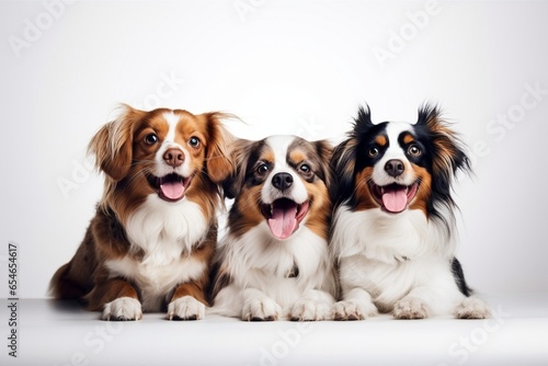 Generative AI : Close-up four cute dogs different breeds posing isolated over white studio background. Concept of motion, action, pets love, animal life. Look happy, delighted. Copyspace for ad, flyer