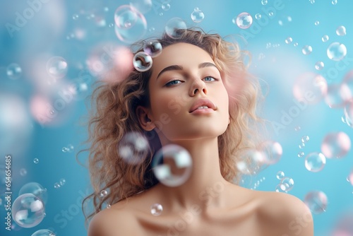 Beautiful young woman with soap bubbles on a blue background.