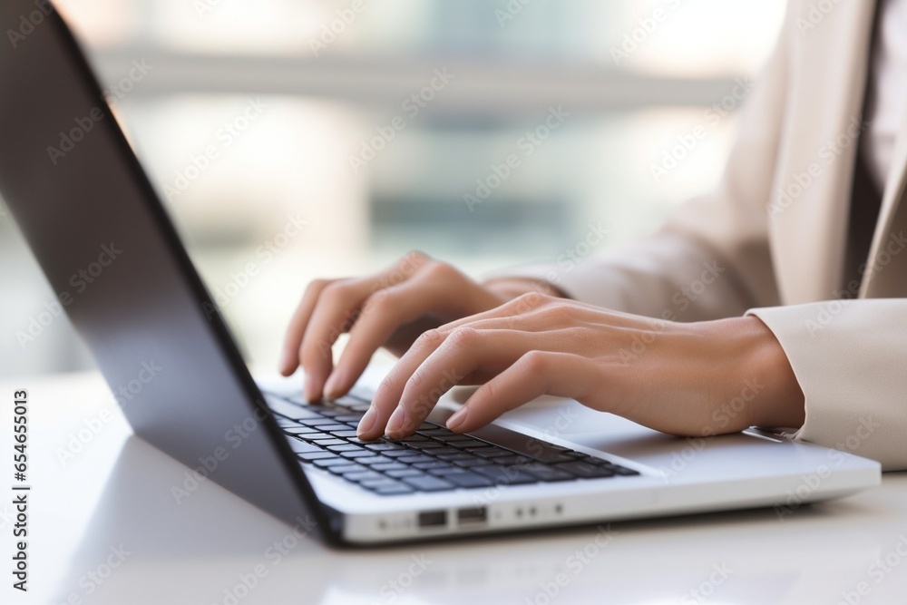 Generative AI : Closeup of business woman hand typing on laptop keyboard Generative AI : Closeup of business woman hand typing on laptop keyboard