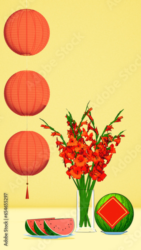 Illustration of a Tet holidays decoration ensemble, featuring watermelon slices and red Gladiolus flowers in vase, folded paper lantern, set against a pastel yellow background.