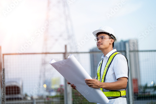 A professional electrical engineer inspects the operation of the system in a power station to see the planned work by producing electrical energy at the high voltage terminals.