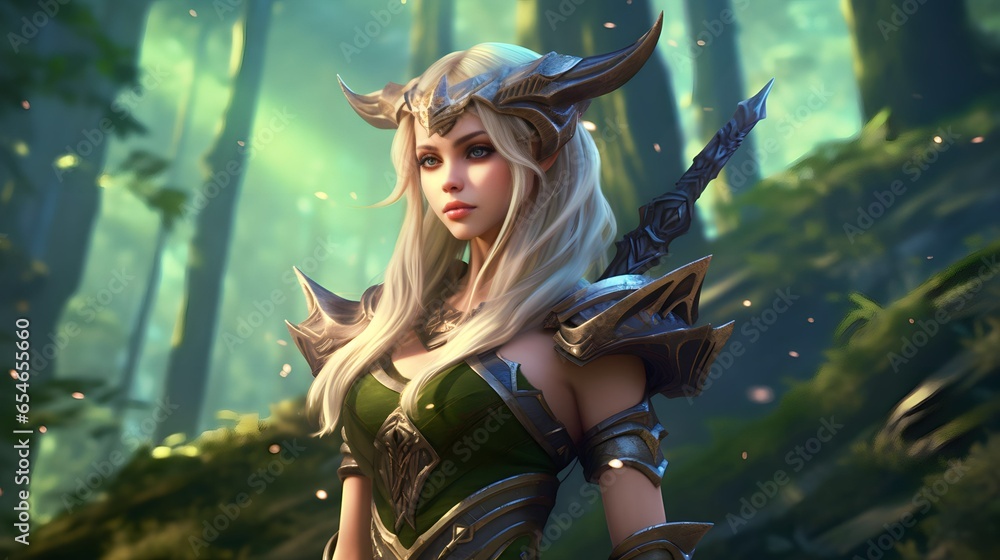 Fantasy fighting woman assassin warrior in forest