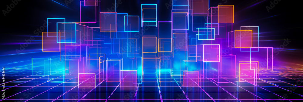 Futuristic abstract background with neon glowing squares. banner