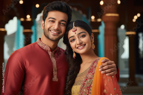 Young indian couple in traditional wear standing on temple background
