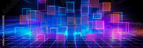 Futuristic abstract background with neon glowing squares. banner