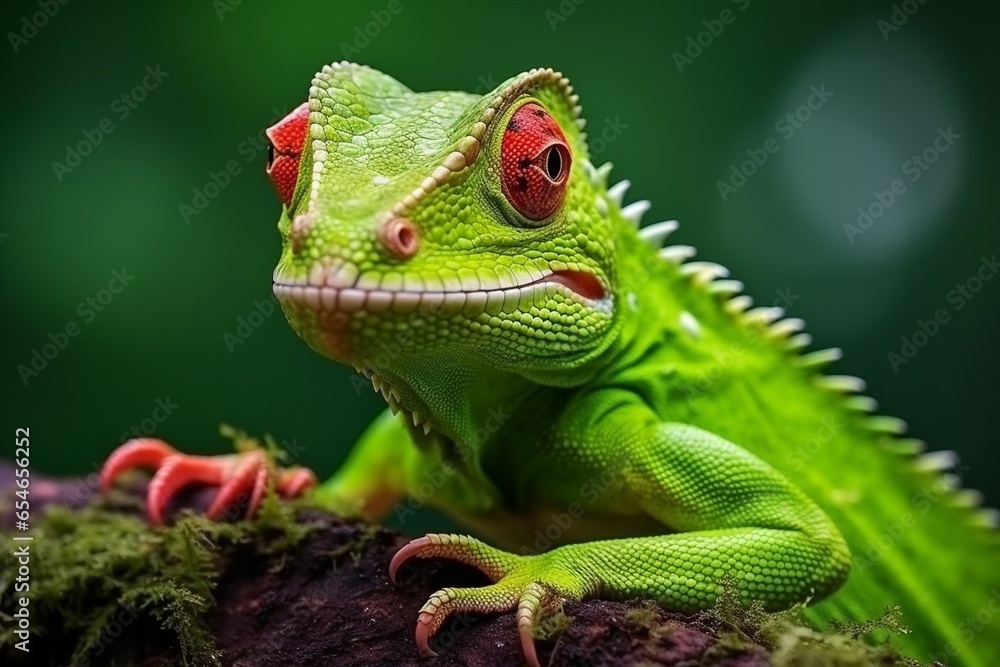 Fototapeta premium Generative AI : Close-up insect green praying mantis Mantis religiosa sits on a green branch of hibiscus in the summer in the foothills of the Caucasus