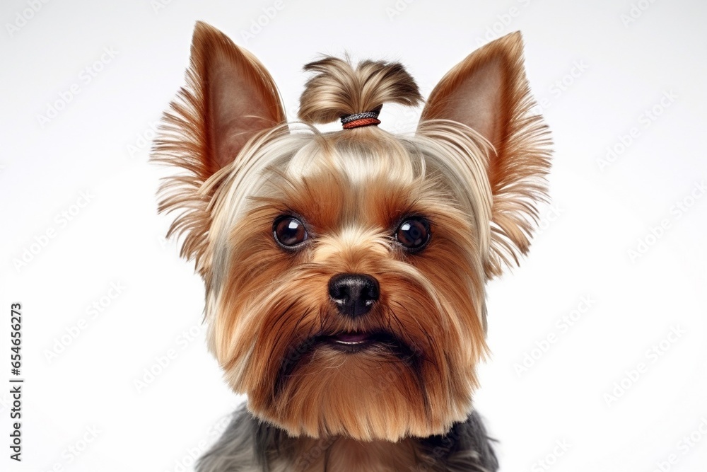 Generative AI : Close-up of Yorkshire Terrier, 9 years old, looking at camera against white background Generative AI : Close-up of Yorkshire Terrier, 9 years old, looking at camera against white background