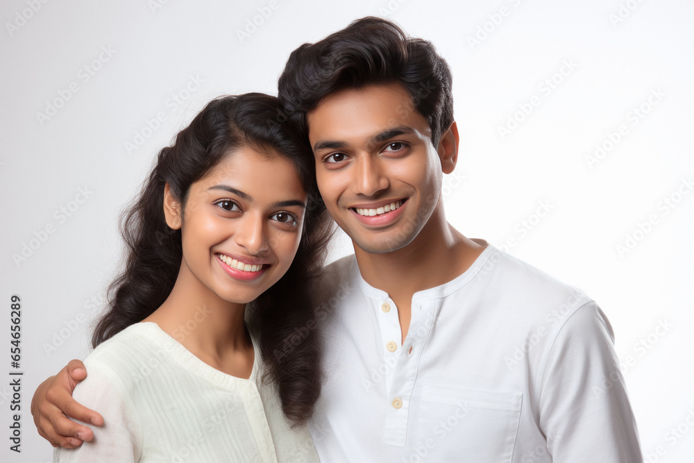 Indian couple hugging to each other and smiling on white background. Indian couple hugging to each other and smiling on white background.