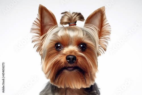 Generative AI : Close-up of Yorkshire Terrier, 9 years old, looking at camera against white background