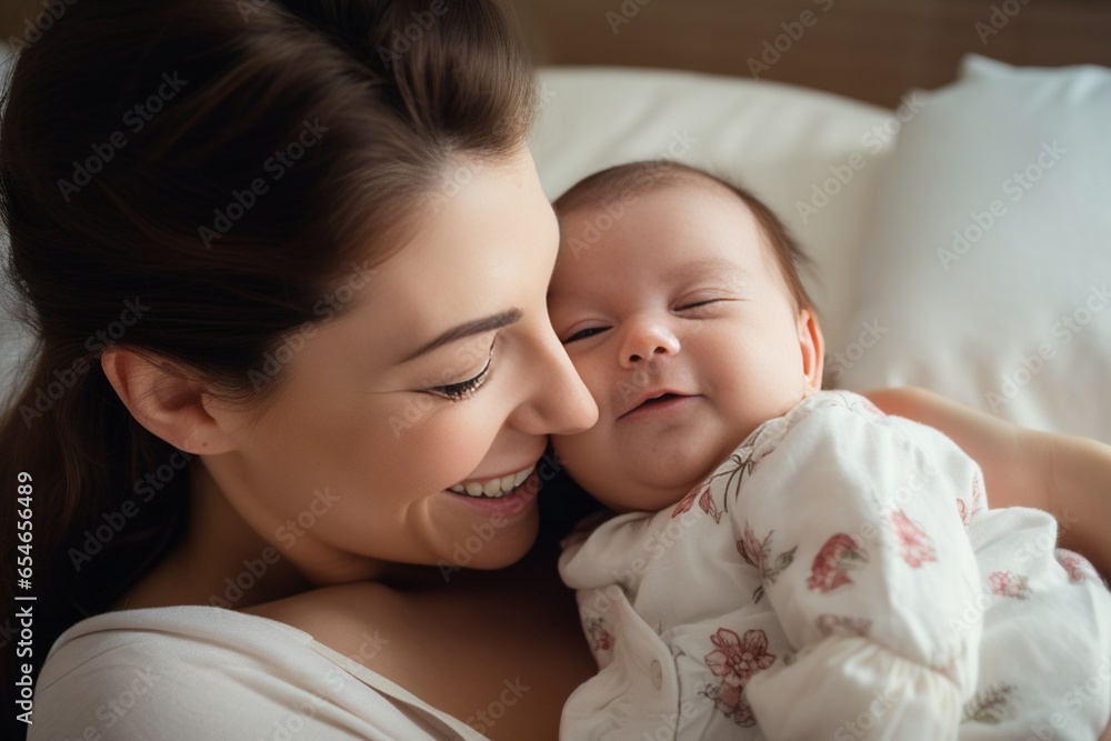 Generative AI : Close Up of a Happy Mother Playing with a Cute Newborn Baby. Mom Bonding with a Toddler, Rubbing Belly, Kissing Nose. Concept of Childhood, New Life, Motherhood. Generative AI : Close Up of a Happy Mother Playing with a Cute Newborn Baby. Mom Bonding with a Toddler, Rubbing Belly, Kissing Nose. Concept of Childhood, New Life, Motherhood.