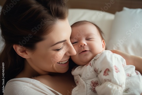 Generative AI : Close Up of a Happy Mother Playing with a Cute Newborn Baby. Mom Bonding with a Toddler, Rubbing Belly, Kissing Nose. Concept of Childhood, New Life, Motherhood.